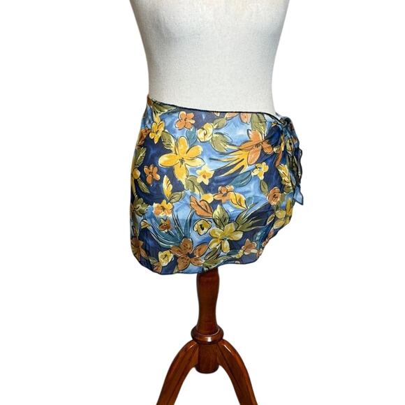 Lands' End cover up skirt blue floral sheer swimsuit sarong side tie light Sz M - Picture 1 of 5